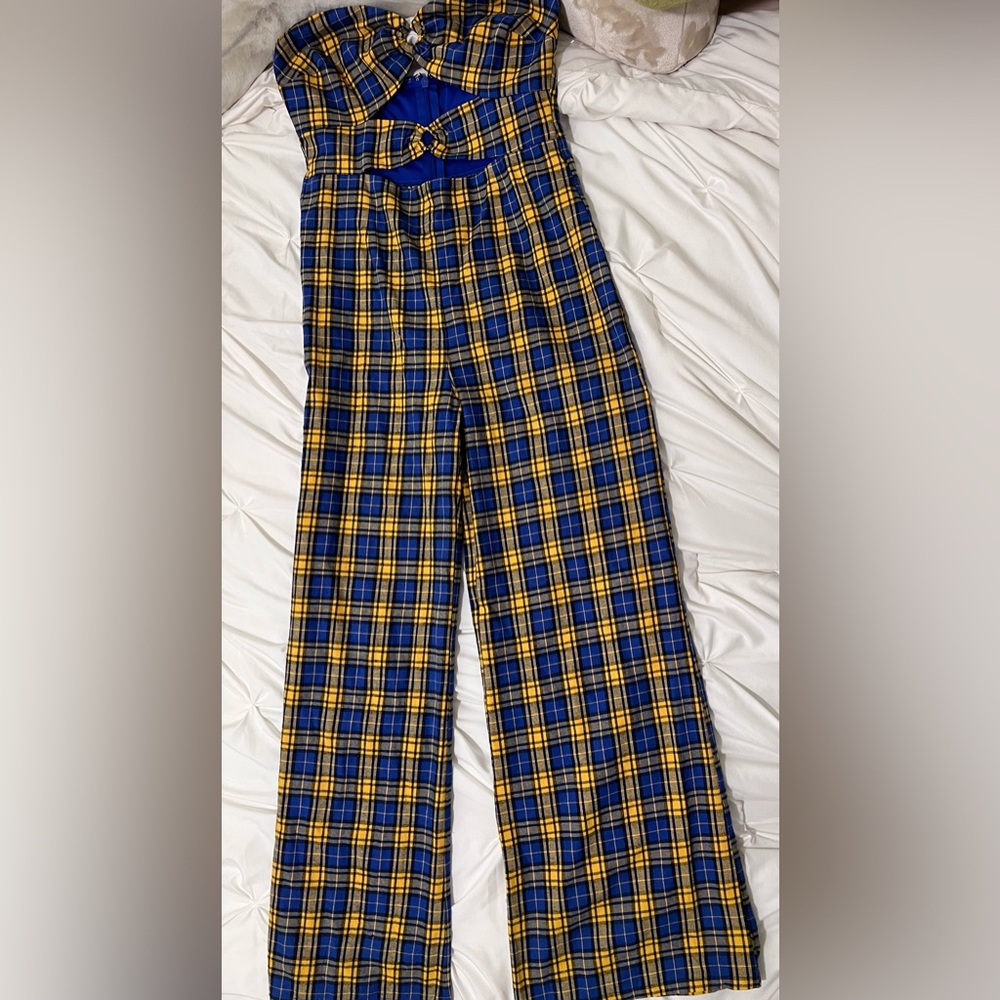 Fashion Nova Royal Blue and Yellow Plaid Jumpsuit